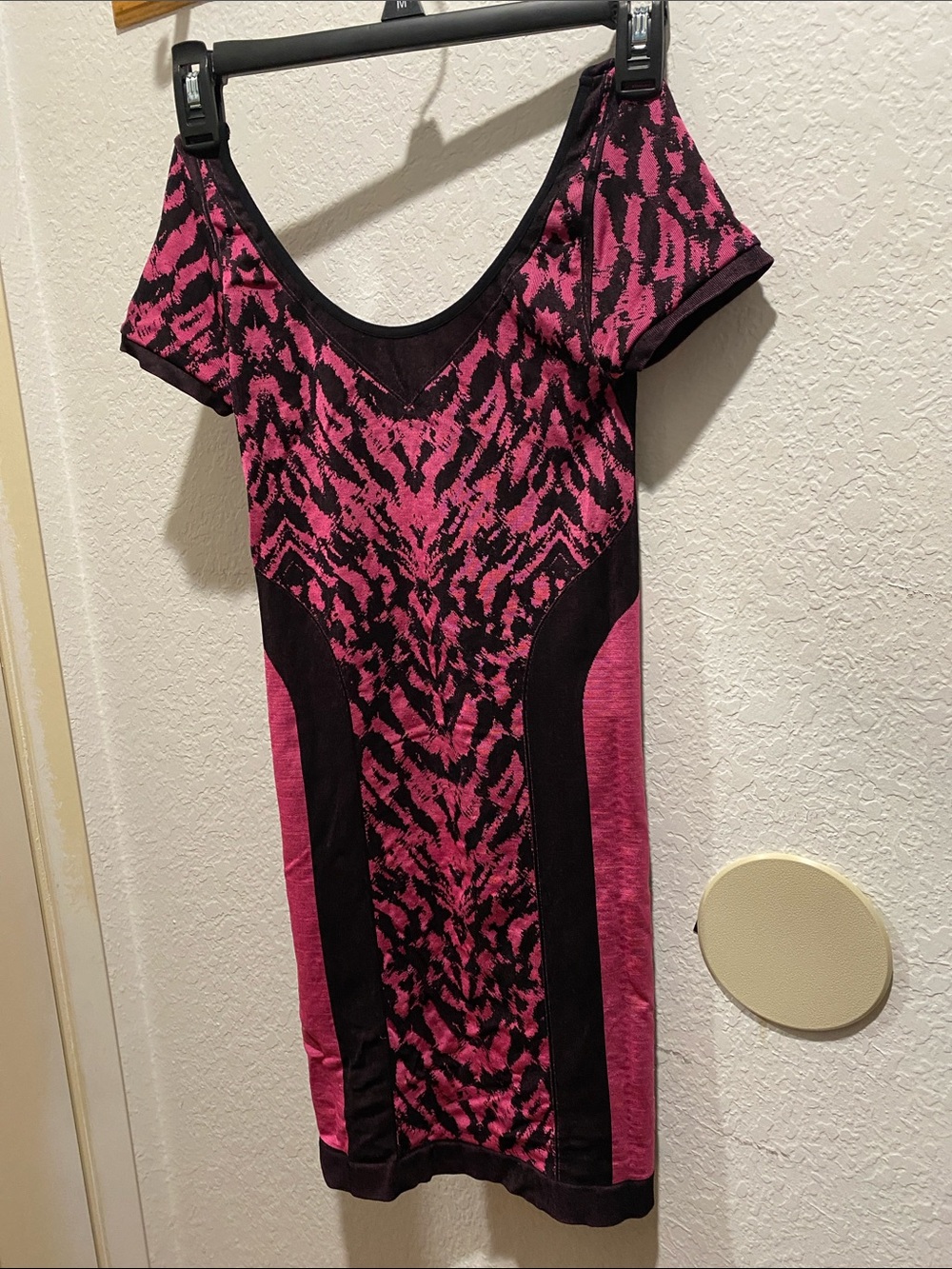 bebe Pink and Black Patterned Short Sleeve Bodycon Dress